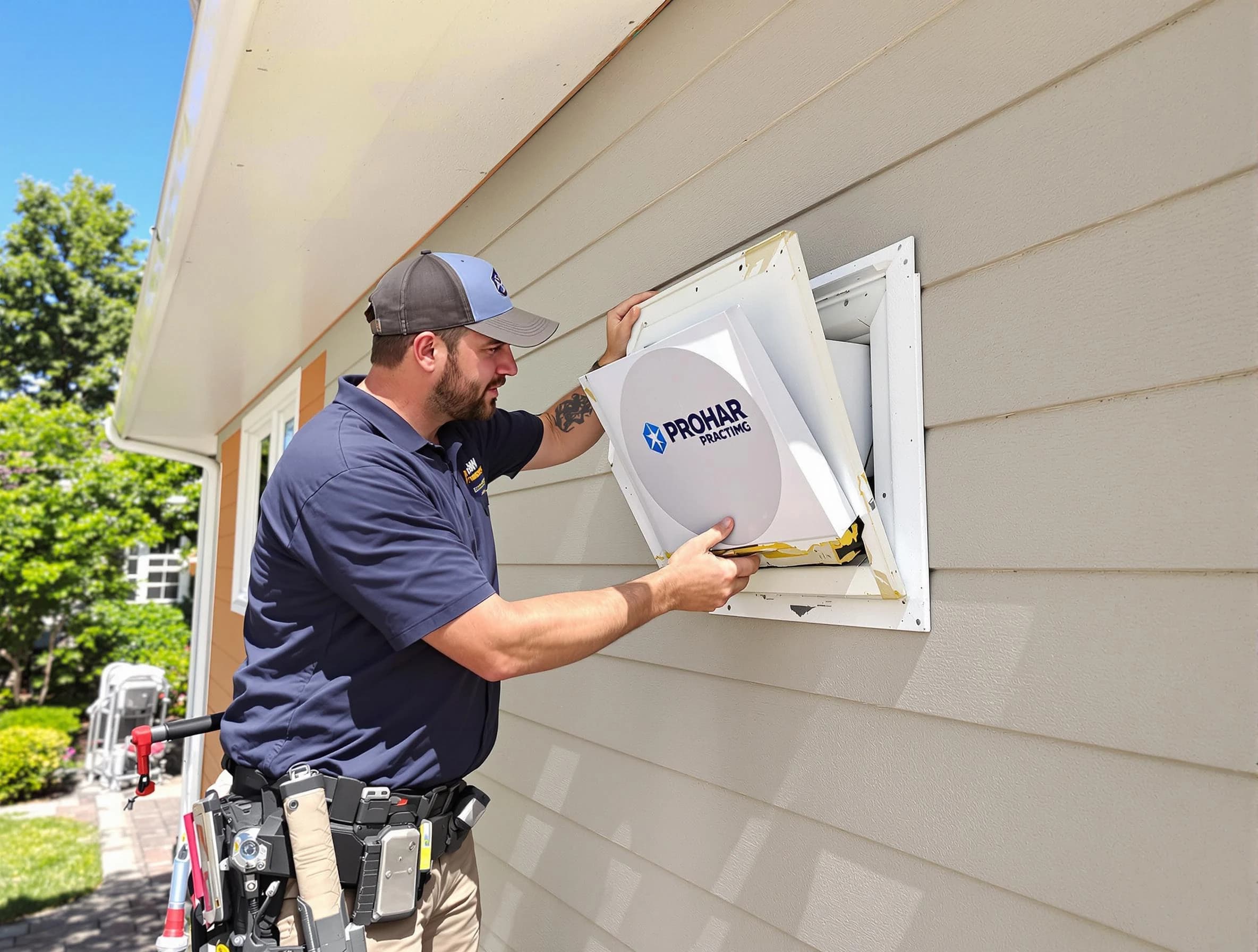 Chelsea Dryer Vent Cleaning technician installing a new protective dryer vent cover on a home in Chelsea