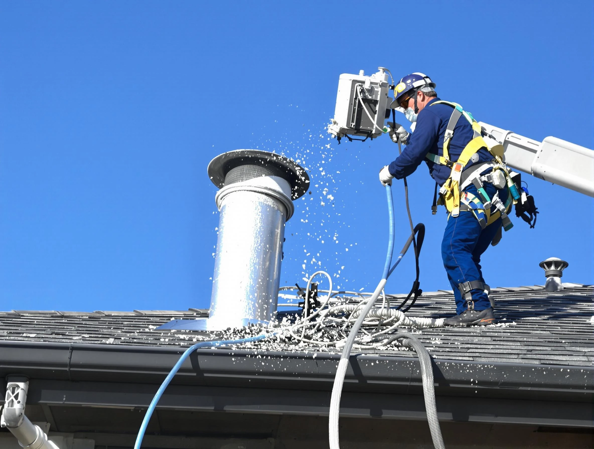 Chelsea Dryer Vent Cleaning certified technician safely cleaning a roof-mounted dryer vent in Chelsea